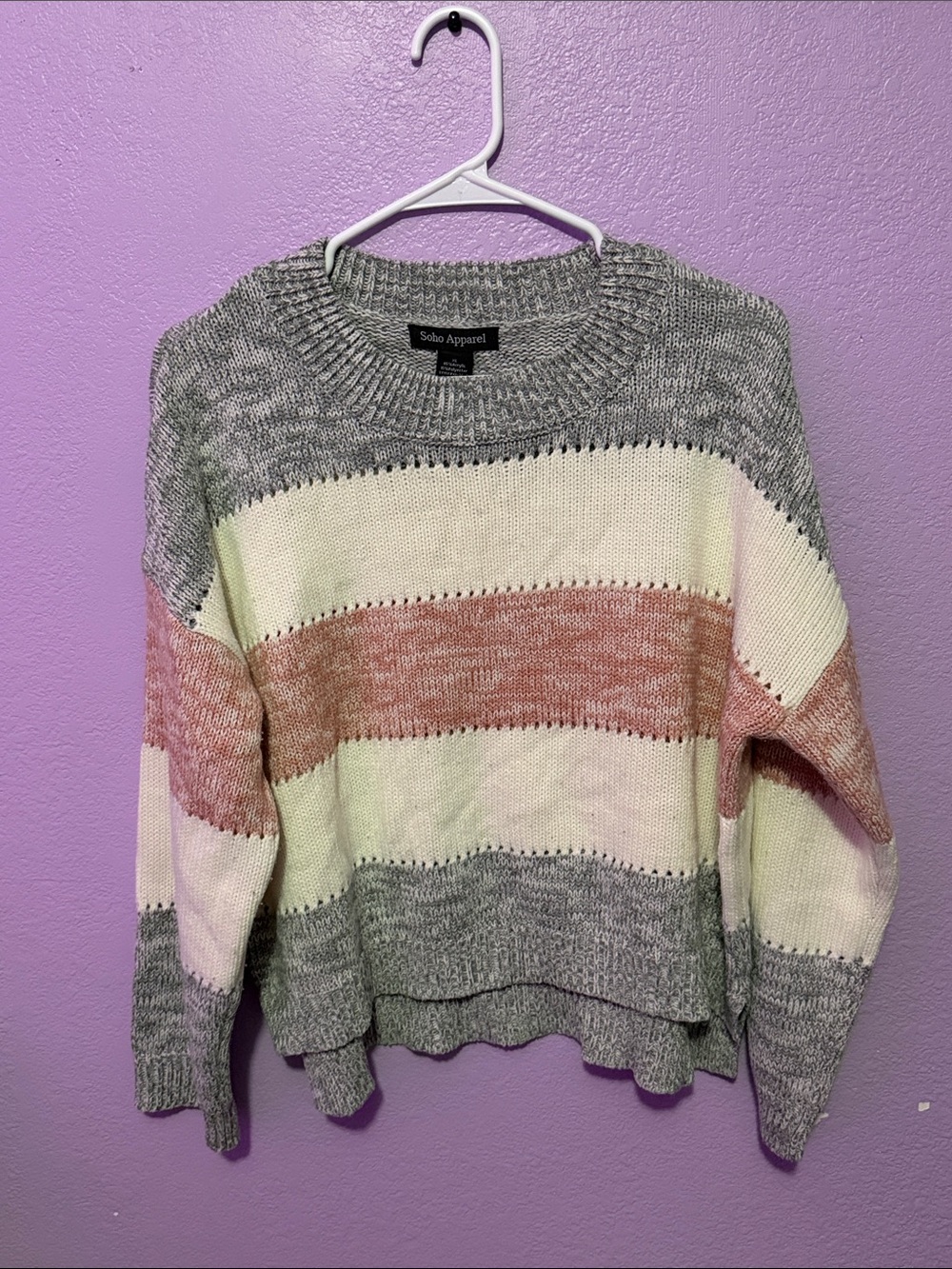 Soho Apparel Gray, Cream & Blush Striped Crew Sweater